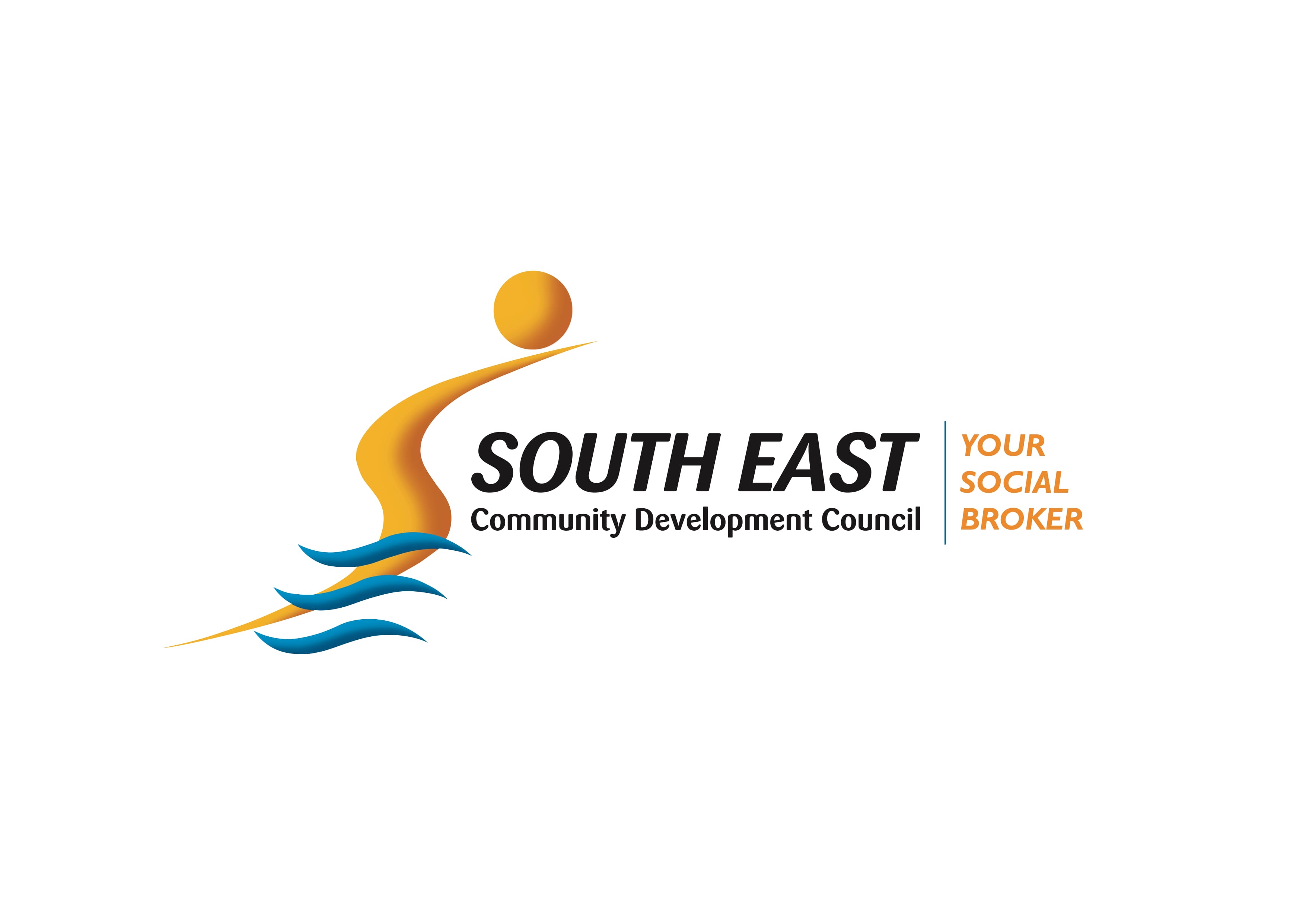 Logo with a stylized orange figure and blue waves, text: South East Community Development Council - Your Social Broker.